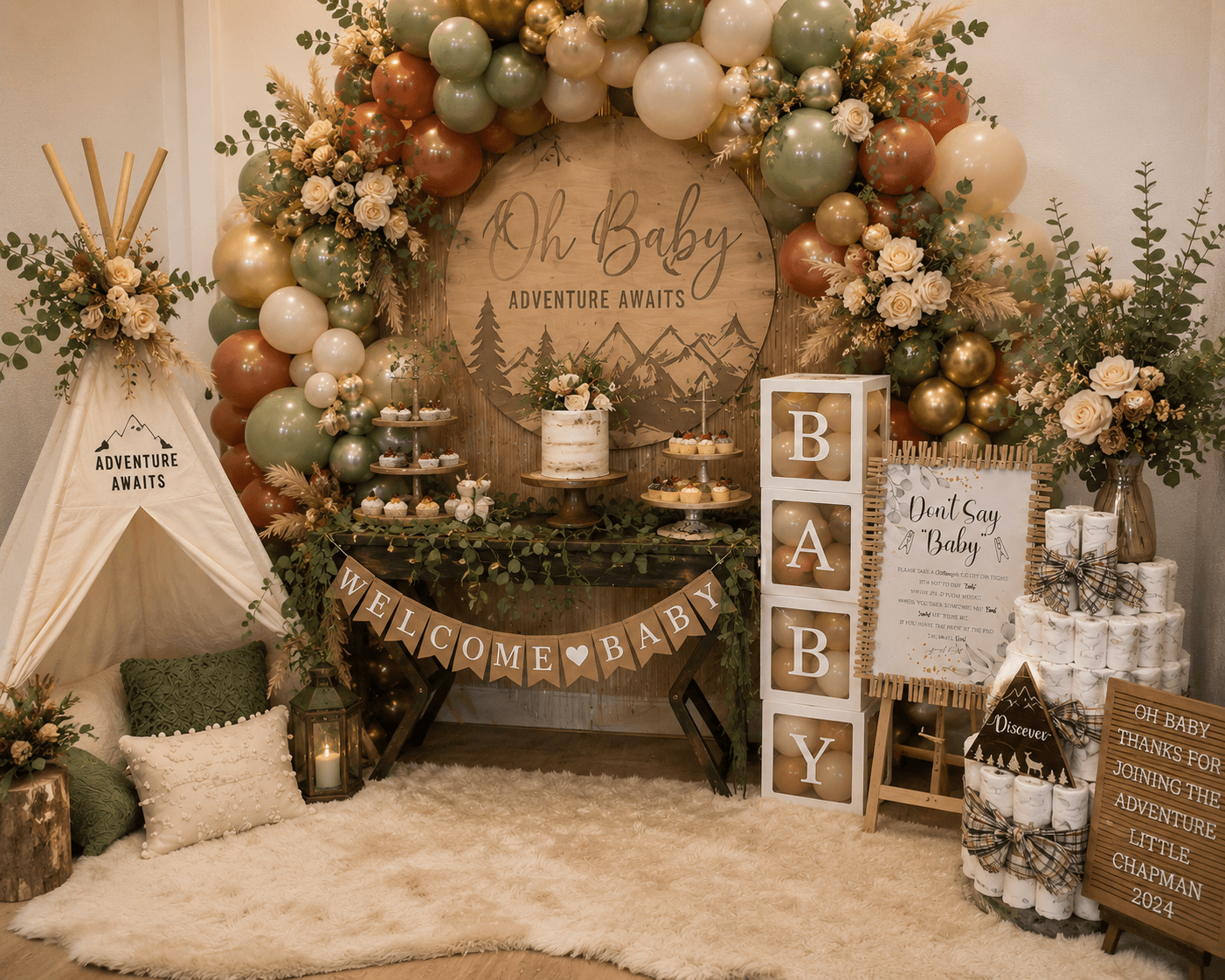 Boho woodland baby shower table