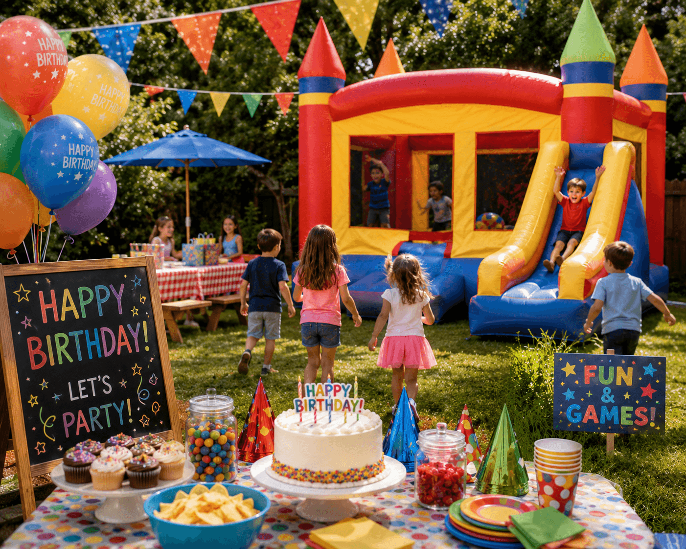 Backyard birthday party with a bounce house